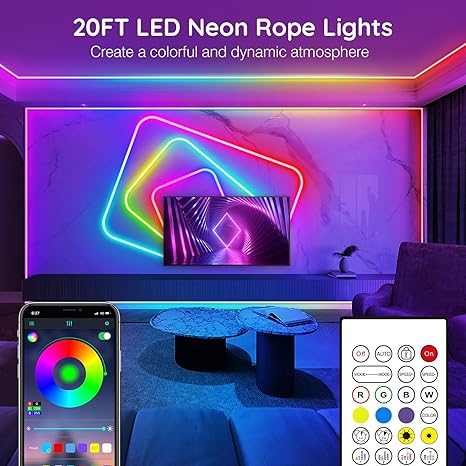 AILBTON 50FT Led Neon Rope Lights Control with App/Remote,Flexible Led Rope Light,Multiple Modes,IP65 Outdoor RGB Lights,Music Sync Gaming Led Neon Strip Light for (50FT)