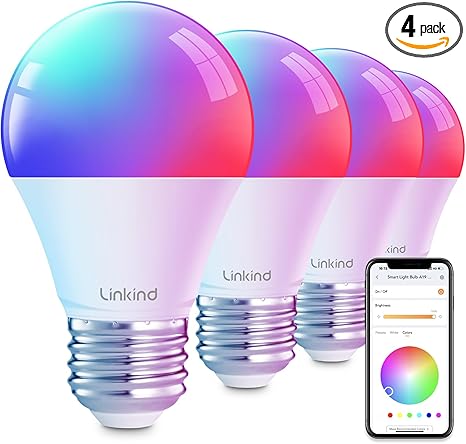 Linkind Smart Light Bulbs, Smart Bulb That Work with Alexa & Google Home, LED Light Bulbs Color Changing, 104 Preset Scene, Music Sync, A19 E26 2.4GHz RGBTW WiFi Bluetooth Light Bulb 60W, 800LM, 4Pack