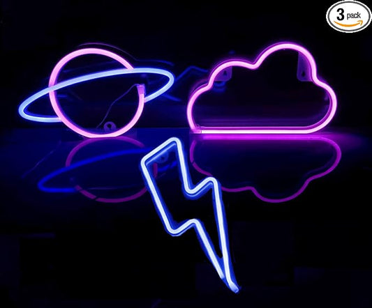 VIOPVERY 3 Pcs Neon Cloud Lightning Planet Signs for Bedroom Wall Decor, LED Lights for Kids Room, Gift, Party, Birthday, Christmas, Wedding, Bar