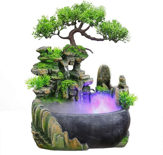 Indoor Water Fountain, Indoor Fountains and Waterfalls with Color LED Light & ON/Off Switch, Small Rockery Stream Tabletop Fountain Waterfall Decor for Home Office Bedroom