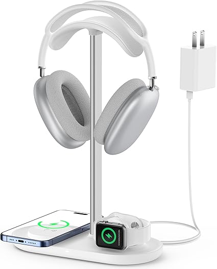 HiWe 3-in-1 Headphone Stand - Universal Desktop Gaming Headset Holder with Wireless Charger for Phones/AirPods/iWatch, Aluminum Alloy Rod, Leather Pad, ABS Solid Base, White
