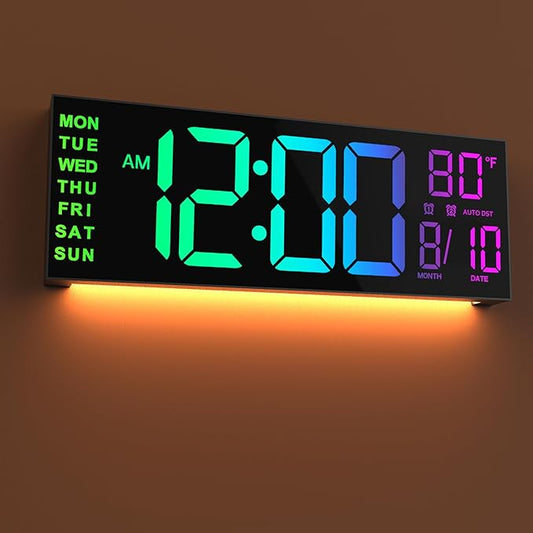 JALL 16" Large Digital Wall Mount Clock, Count Down Timer, Alarm, Big LED, 8 RGB Color, DST, Temperature for Living Room Classroom Desk, Xmas, Birthday Gift for Senior Men Women Mom Dad
