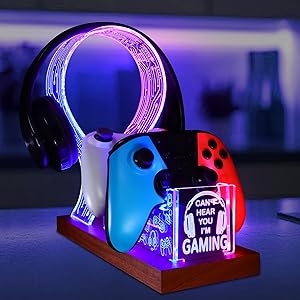 YuanDian Gamer Gifts for Teenage Boy, Can't Hear You I'm Gaming Headset and Controller Stand, Acrylic Wooden Controller Holder with Blue Pink LED Night Light, Desk Decor Gift