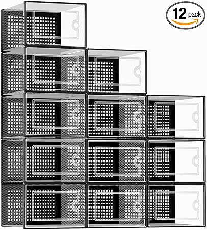 Kuject X-Large Shoe Storage Boxes Organizers Clear Plastic Stackable 12 Pack, Shoe Rack & Holder Substitute, Sneaker Containers, Toy Storage Organizer Bins for Entryway, Closet, Under Bed, Black