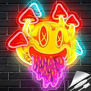 GGK Smiling with Mushrooms Neon Sign Unique Mushroom Decor Aesthetic Room Decor Trippy Mushrooms Light for Halloween Parties, Bedroom Wall, Bar, Game Room, Man Cave